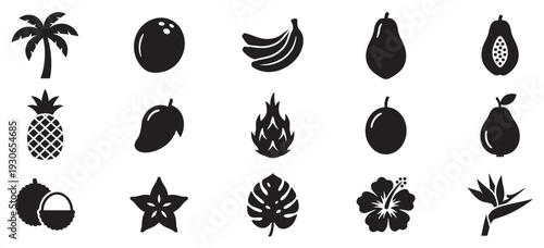 Tropical fruits and plants icons collection representing exotic produce and flora for summer designs and healthy lifestyle concepts.