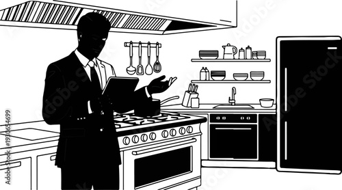 Businessperson in suit inspecting kitchen equipment using tablet