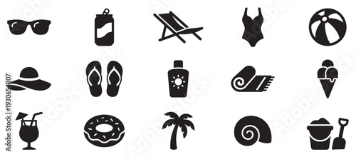 Summer beach vacation travel icons collection showcasing a variety of essential items for a relaxing and fun holiday.