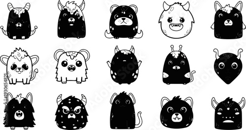 A collection of 15 unique, cartoonish monster-like characters in a grid pattern