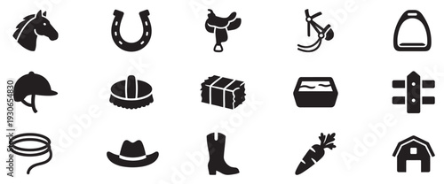 Horse riding equestrian farm life related icons collection depicting various elements of stable care and cowboy culture in a simple silhouette style.