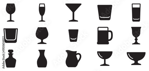 Various drinking glasses, bottles, and pitcher silhouettes are displayed as a comprehensive collection of barware icons.