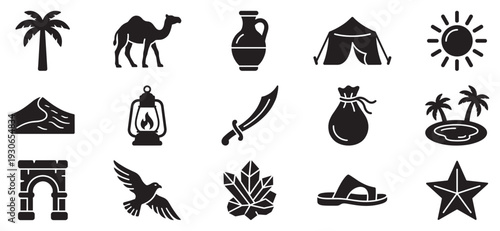 Collection of desert Arabian Middle Eastern icons featuring traditional symbols like camels, palm trees, lanterns, and ancient artifacts.