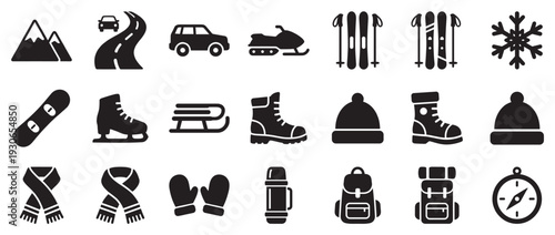 Winter and outdoor activity icons collection features essential gear and travel elements for cold weather adventures.