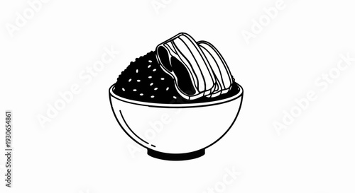 A simple, stylized drawing of a bowl filled with dark rice topped with two strips of meat