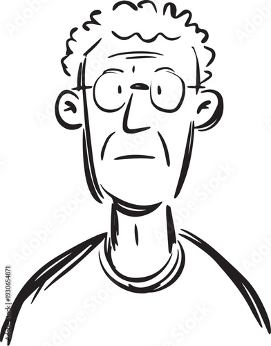Hand Drawn Old Man Black and White Avatar Illustration in Minimal Line Art Style Design