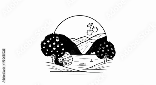 A stylized, monochrome landscape featuring fruit trees, a body of water, a sailboat, and distant hills