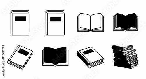 A collection of eight stylized illustrations of books in various states