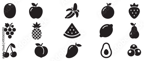 Various fruit icons collection featuring healthy food silhouettes for modern graphic design projects and applications.