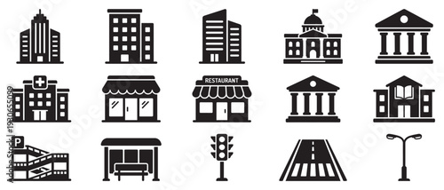 City elements and urban infrastructure icons representing various buildings and transportation components in a modern metropolis.