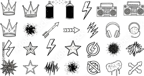 Doodle icons of crowns, spray cans, boomboxes, lightning bolts, stars, and arrows