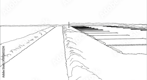 Minimalist line art of a road receding into a distant horizon under a clear sky