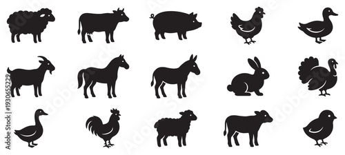 Farm animals silhouettes collection of domestic livestock icons set for agriculture and rural design projects.