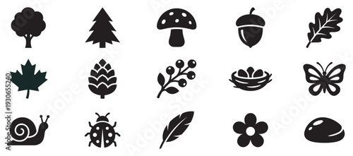 Nature icons collection featuring various elements of the forest, garden, and outdoor environment in a simple silhouette style.