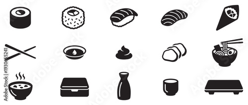 Japanese food icons collection features various traditional dishes and accessories for an authentic culinary experience.