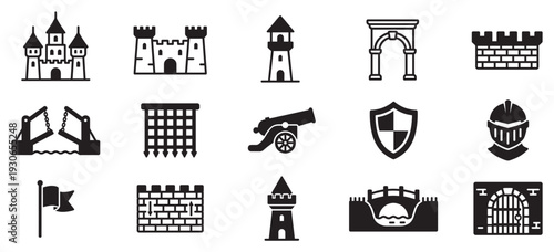 Medieval castle and defense elements vector icon set showcasing various historical fortifications, weaponry, and protective gear in a simple black silhouette style.