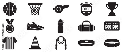 Sports equipment icons set featuring various athletic gear, competition elements, and fitness accessories in a modern flat design.