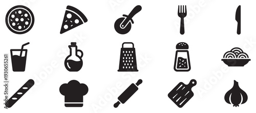 Essential pizza and cooking icons showcasing various kitchen tools, delicious food items, and fresh ingredients for culinary design.