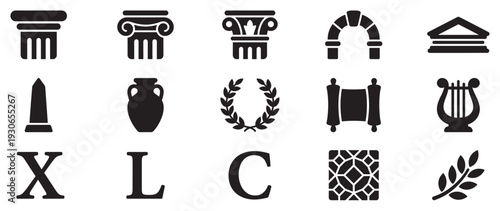 Ancient Roman and Greek symbols and icons set representing classical history, culture, architecture, and mythology in a minimalist silhouette style.
