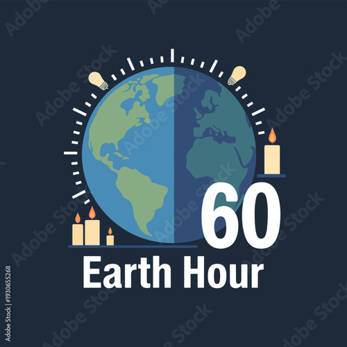 Earth Hour 60 minutes globe with candles and lightbulbs planet