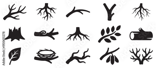 Tree branches roots leaves log nest and stump silhouettes form a diverse collection of natural organic elements for design.