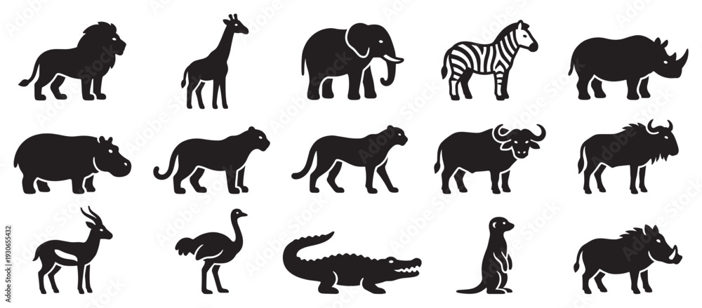 Fototapeta premium African wild animals vector silhouettes collection featuring various safari creatures and jungle mammals in a graphic style.