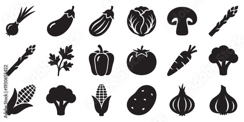 Comprehensive collection of healthy vegetable icons set illustrates fresh produce, organic food, and nutritious ingredients for a balanced diet.