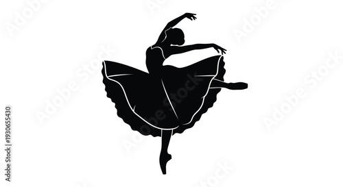 Elegant ballerina in dynamic pose with flowing skirt and raised arm in black silhouette on white background