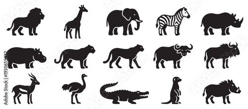 African wild animals vector silhouettes collection featuring various safari creatures and jungle mammals in a graphic style.