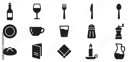 Restaurant dining food service icons set collection featuring essential elements for eating and drinking establishments.