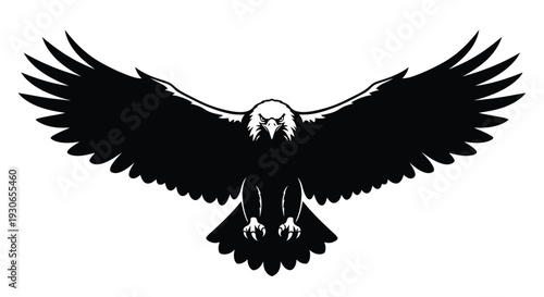 Black silhouette eagle flying with outstretched wings on white background symbolizing freedom and power