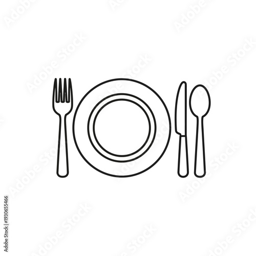 Minimalist Line Drawing of Dining Plate with Cutlery Set for Elegant Meal Setting