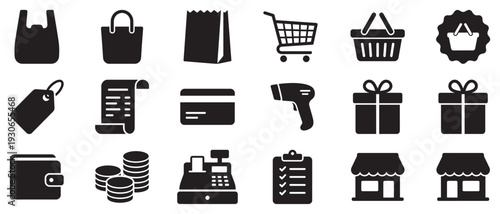 Essential shopping e-commerce retail business icons representing various elements of modern consumerism and online transactions.