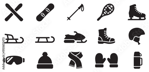 Winter sports equipment and accessories icons set featuring various outdoor activity gear for cold weather adventures and recreation.