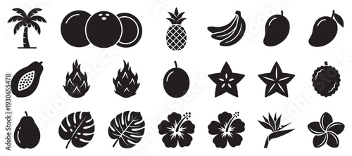Tropical fruits and flowers icons set in silhouette style showcasing a vibrant collection of exotic plants and produce for design.