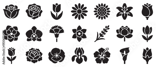 Various flower icons and floral silhouettes collection showcasing a diverse range of popular blossoms in a simple, elegant black vector style.