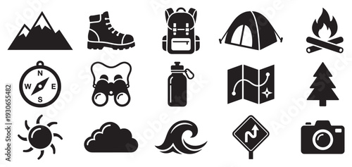 Outdoor adventure camping hiking travel nature exploration symbols illustrate essential gear and elements for various outdoor activities.