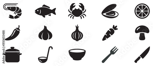 Food and cooking icons collection of various ingredients and kitchen utensils presented as simple silhouette illustrations.