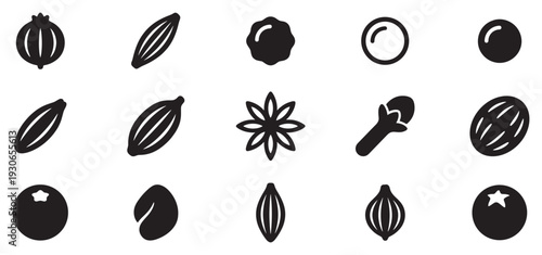 Various spices and seeds icons collection showcasing essential culinary ingredients in a simple black silhouette style.