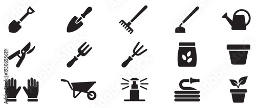 Gardening tools and equipment set icons representing various horticulture activities and supplies for planting and cultivation.