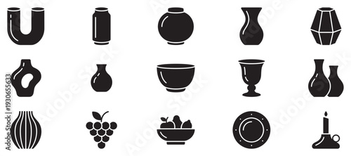 Various household items and containers are depicted as minimalist black silhouette icons on a clean white surface.