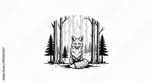 A detailed black and white illustration of a fox sitting in a forest
