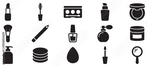 Beauty cosmetic makeup products icons collection for personal care and daily grooming routines, featuring essential items for a complete look.