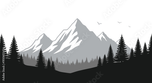 Snowy mountain peaks with pine trees and birds in a serene natural landscape