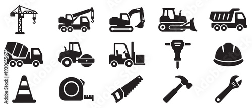 Construction equipment and tools icons set collection illustration depicting various industrial machinery and building instruments.