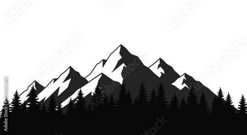 Majestic snow capped mountain range with evergreen trees in silhouette against a white background evoking serenity and adventure in nature