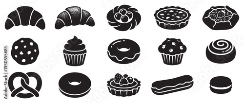 Delicious baked goods and sweet pastries collection featuring various dessert icons in a minimalist black and white style.