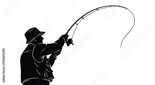 Man fishing with rod and reel in silhouette against white background dynamic action scene
