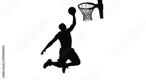Man in silhouette jumping to dunk basketball into hoop with one hand on white background