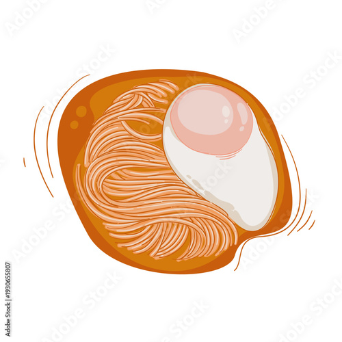 noodles with boiler egg and Spicy and savory yellow gravy. warm food issolated on white